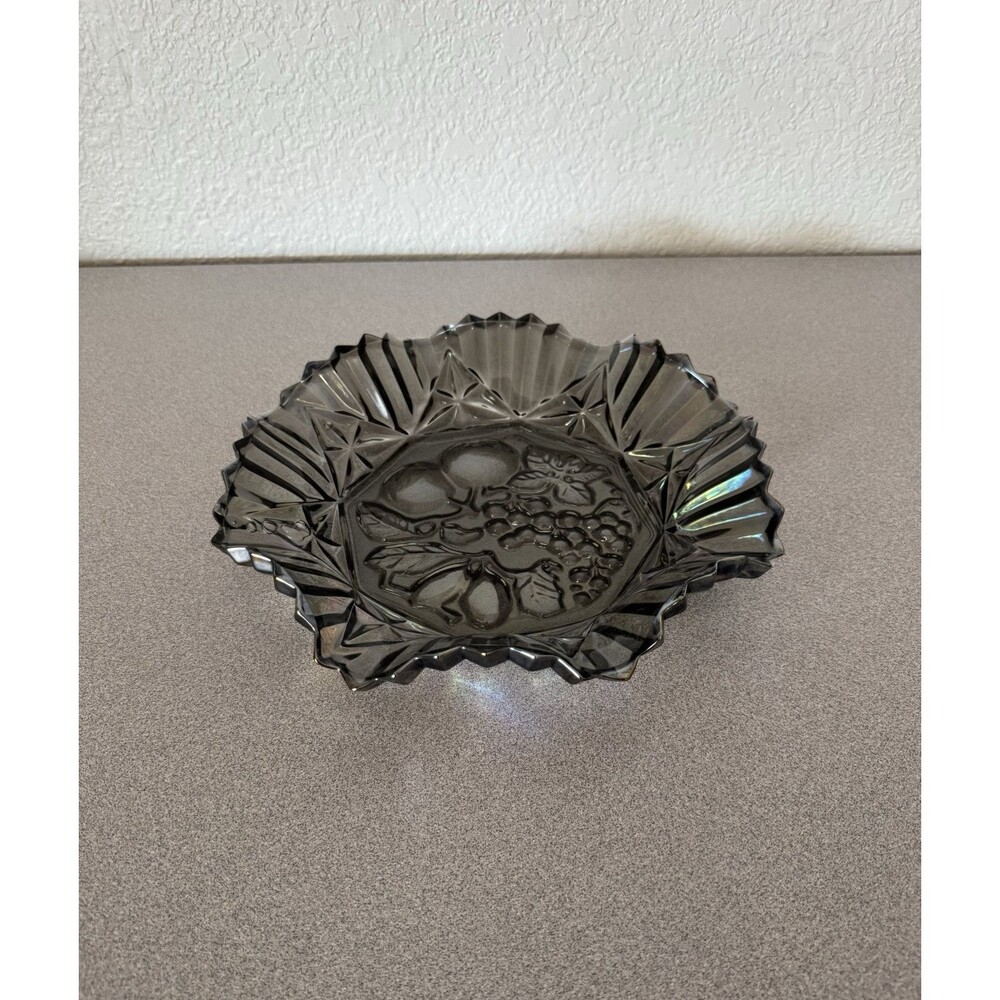 Vintage Federal Glass Ruffled Edge Dish - Iridescent Smoke Grey